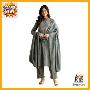 Pure Cotton Kurta Pant Dupatta Set Elegant Embroidery Festival Wear